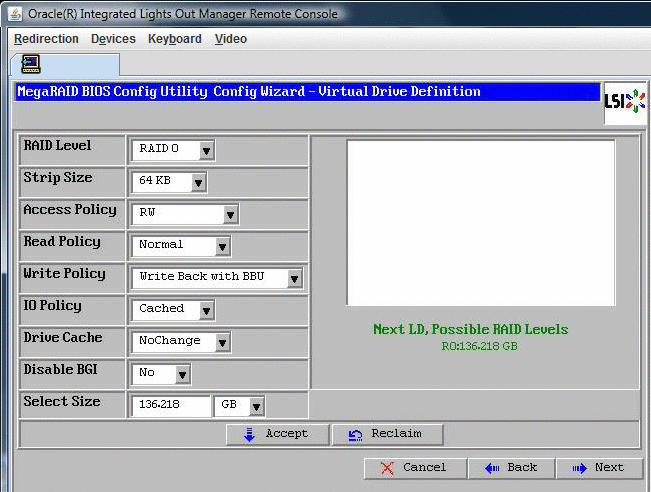 「MegaRAID BIOS Config Utility Config Wizard」 — 「Accept」をクリックのスクリーンショット