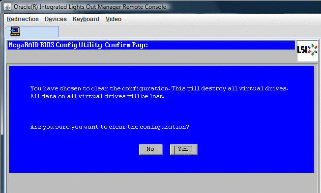 設定のクリアを確認する「MegaRAID BIOS Config Utility」のスクリーンショット