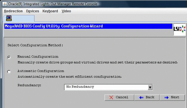 「MegaRAID BIOS Config Utility Virtual Configuration」ウィンドウの「Manual Configuration」と「Automatic Configuration」のスクリーンショット