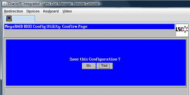 設定の保存を確認する「MegaRAID BIOS Confirmation Page」のスクリーンショット