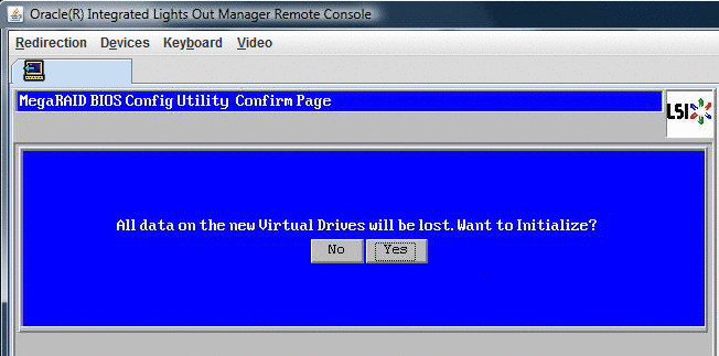 ドライブの初期化を確認する「MegaRAID BIOS Confirmation Page」のスクリーンショット