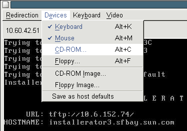 JavaRConsole の「Devices」メニューの画像。