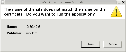 「Hostname Mismatch」ダイアログボックスの画像。