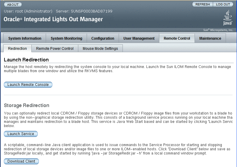 ILOM Web インタフェースの「Launch Remote Console」画面の画像。 ILOM Web インタフェースの「Launch Remote Console」画面の画像。