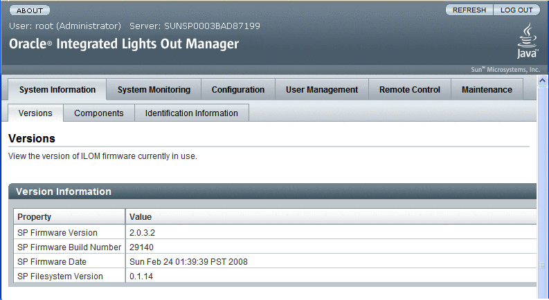 ILOM GUI の「Version Information」画面の画像。 ILOM GUI の「Version Information」画面の画像。