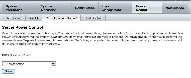 「Server Power Control」ページ