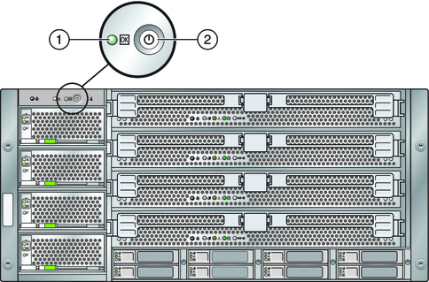 image:An illustration that calls out the power button and the Power OK LED on the front of the server.