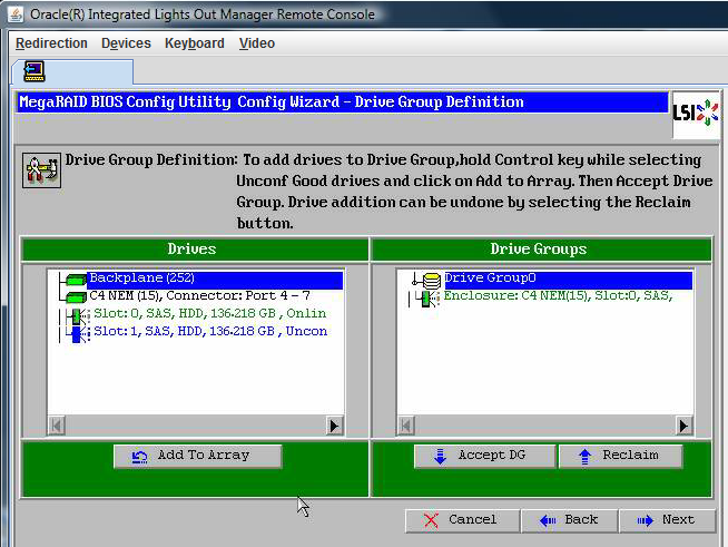 image:Screenshot of the MegaRAID BIOS Config Utility Config Wizard — Drive Group Definition window. Click Yes to accept.