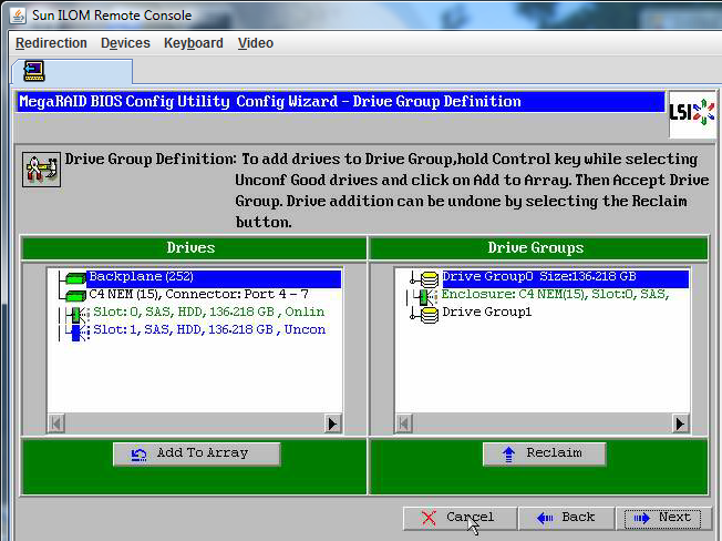 image:Screenshot of the MegaRAID BIOS Config Utility Config Wizard — View Drive Group.