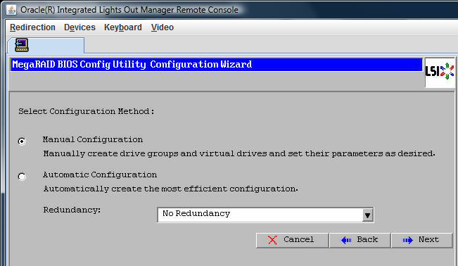 image:Screenshot of the MegaRAID BIOS Config Utility Virtual Configuration window, Manual Configuration or Automatic Configuration.