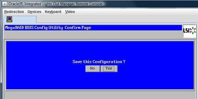 image:Screenshot of the MegaRAID BIOS Confirmation Page asking to save configuration.