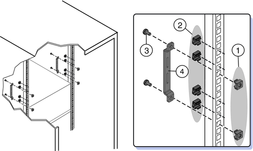 image:Rear adapter bracket and cage nuts in square hole (threaded) rack.