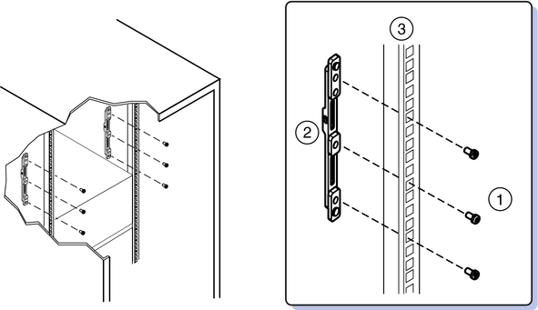 image:Attaching rear adapter brackets on a square-hole rack.