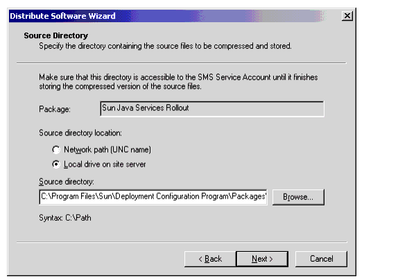 SMS Distribute Software Wizard: Source Directory Screen