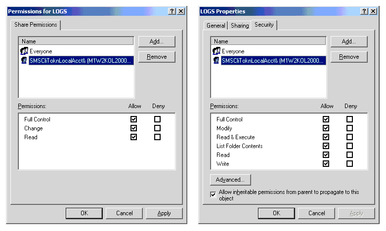 Permission Settings (left) and Properties (right) for the LOGS Shared Folder