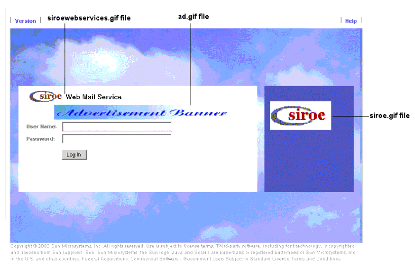 In this figure Sun ONE logo is replaced with a custom graphic and  an advertisement banner with a link is added to the Login Screen.