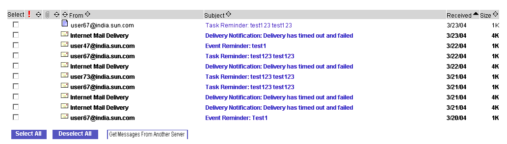 In this figure the most recently received mails are displayed first, and the ‘Collect External Mail’ button is renamed to ‘Get Messages From Another Server.’