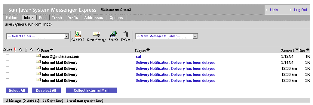 In the Messenger Express Inbox Screen  you can view all the messages , the subject of the message, from , received and size details.