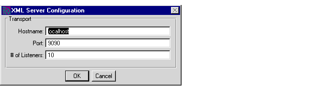 Screen capture of XML Server Configuration dialog, used to enter service object transport properties. Buttons are OK and Cancel.