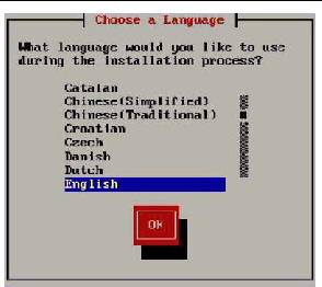 A screenshot showing the Red Hat language screen.