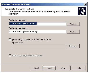 Screenshot of Certificate Database Settings screen of the Windows Components Wizard.