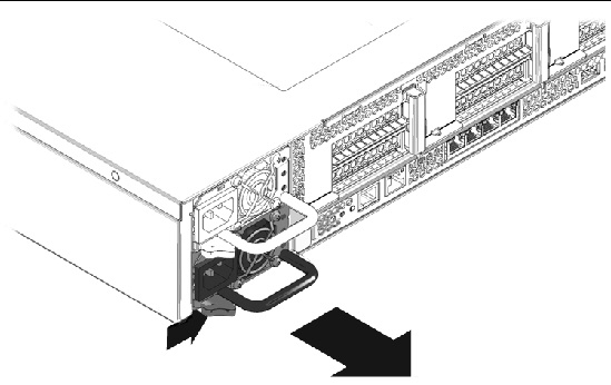 Figure showing how to remove a power supply. (Sun Fire X4450).