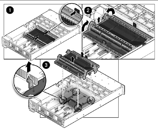 Figure showing how to remove a memory tray (Sun Fire X4450).
