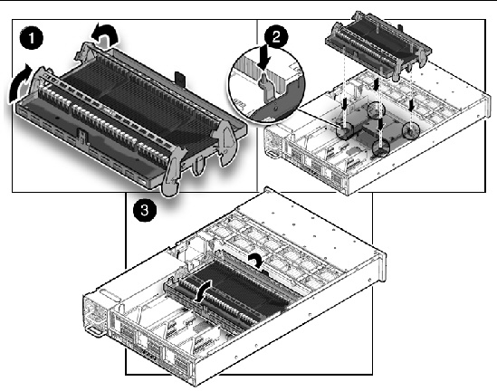 Figure showing how to install a memory tray (Sun Fire X4450).