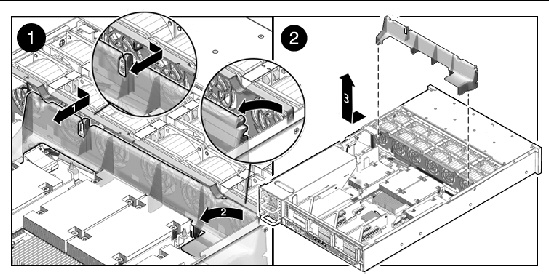 Figure showing how to remove an air baffle (Sun Fire X4450).