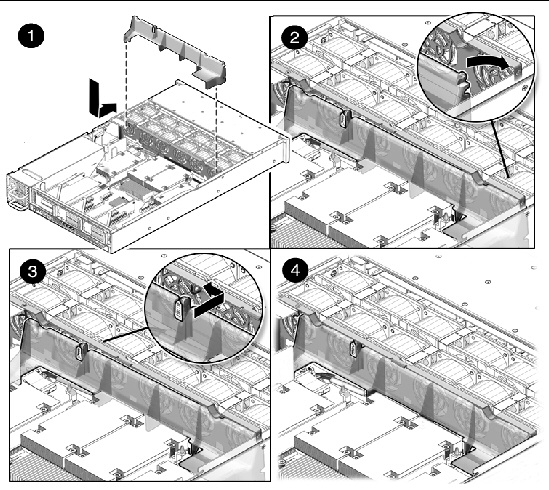 Figure showing how to install an air baffle (Sun Fire X4450).