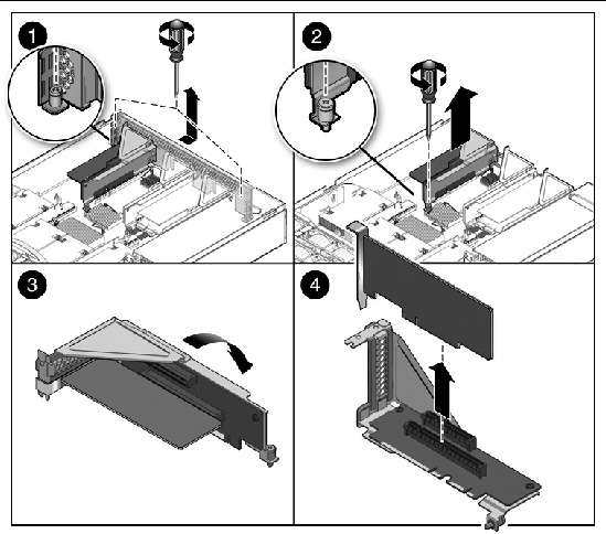 Figure showing how to remove a card (Sun Fire X4450).