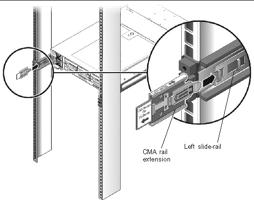 Graphic showing the CMA rail extension being inserted into the rear of the left slide-rail.