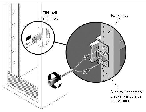 Graphic showing the mounting bracket being aligned with the three server chassis locating pins.