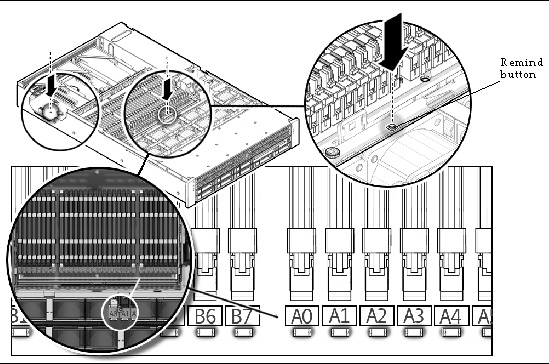 Figure showing DIMMs and LEDS on the X4450 mezzanine.