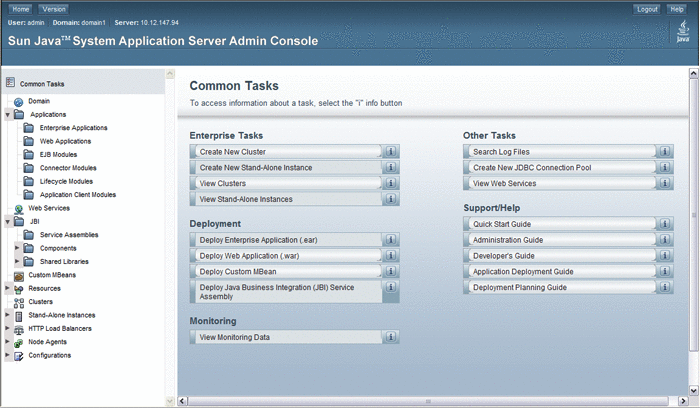 Admin Console has a banner pane, a left pane
with common tasks tree, and a right pane with links for Common Tasks
and documentation