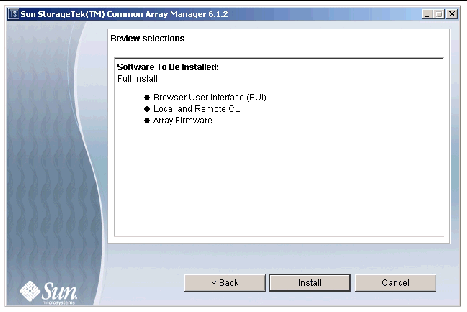 The screenshot shows the Common Array Manager Windows Review Selections Screen. It shows the installation type that you selected.