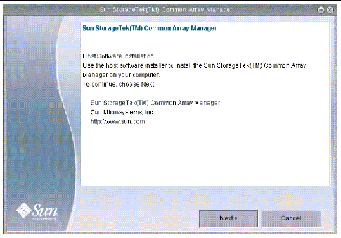 Screenshot showing the first Common Array Manager installation screen. Click Next to continue.
