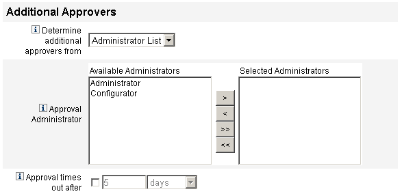 Configuring Additional Approvers by choosing administrators from a list.