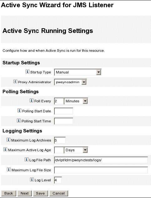 Active Sync Running Settings page