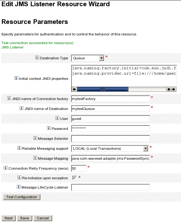 JMS Listener adapter Resource Parameters page