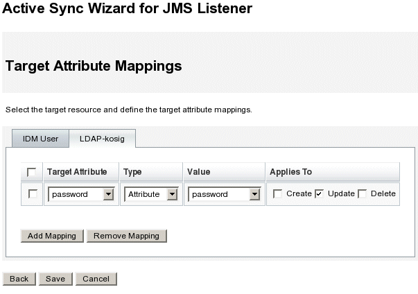 Defining target attribute mappings for Sun Directory