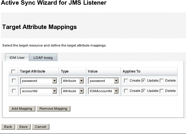 Mapping password and accountID target attributes