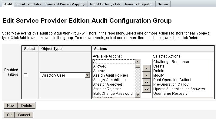 Use the Edit Service Provider Edition Audit Configuration Group page to edit service provider events.