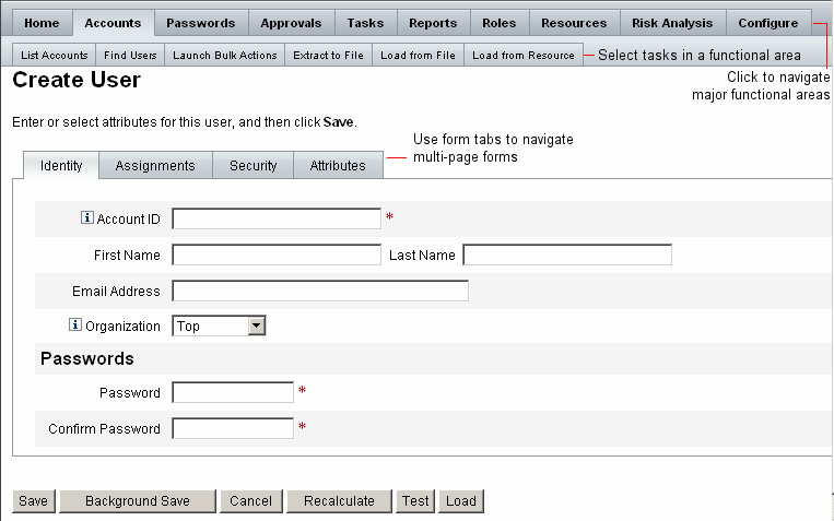 The Identity Manager Administrator Interface is navigated through menu tabs, subtabs, and form tabs.