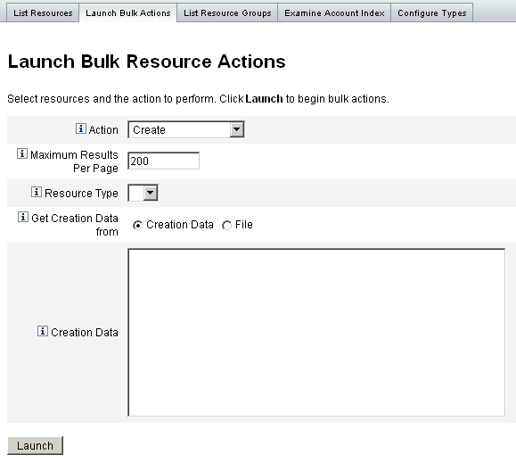 Launching bulk resource actions from a CSV-formatted file or by specifying creation data.