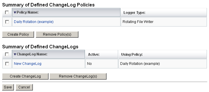 The ChangeLog Configuration page lets you configure ChangeLogs and ChangeLog policies.