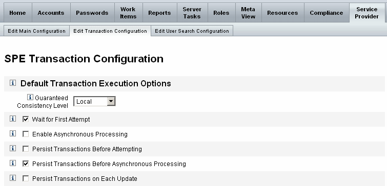 Setting the default transaction execution options in a Service Provider configuration