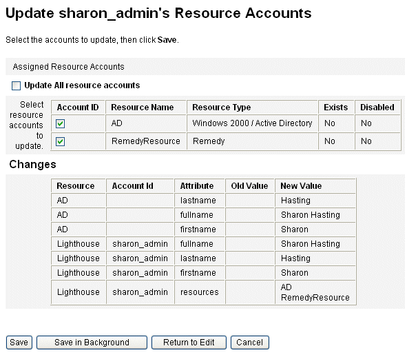 The Update Resource Accounts page shows assigned resource accounts and changes that will apply to the account.