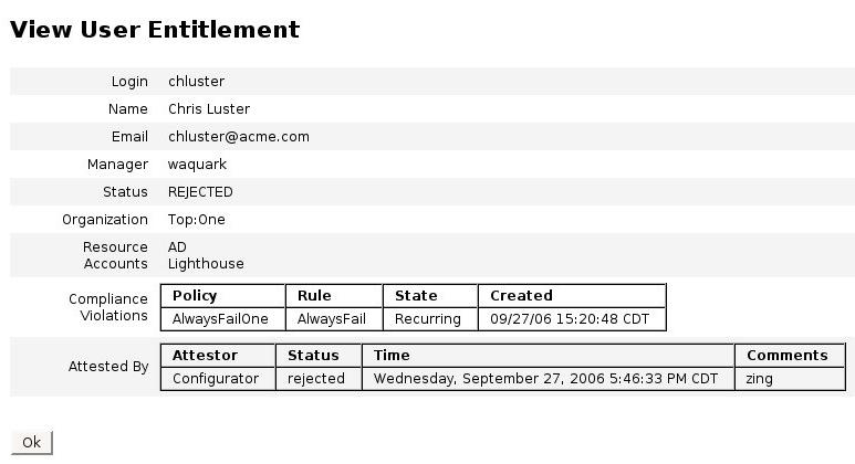 Sample User Entitlement Record View