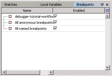 You can view breakpoints in the Breakpoints window.